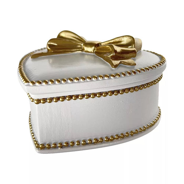 Trinket Box - Heart Shape White & Gold Bow