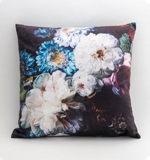 Cushion - Black Velvet with Vintage Floral Design