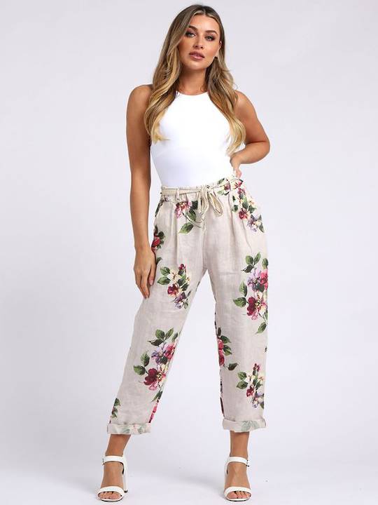 Trousers - Marcella Linen - Beige Floral