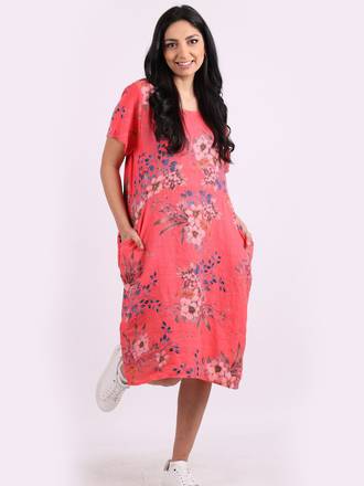 Fleur Classic Linen Dress - Coral