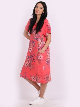 Fleur Classic Linen Dress - Coral