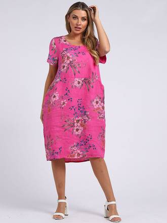 Fleur Classic Linen Dress - Fuchsia